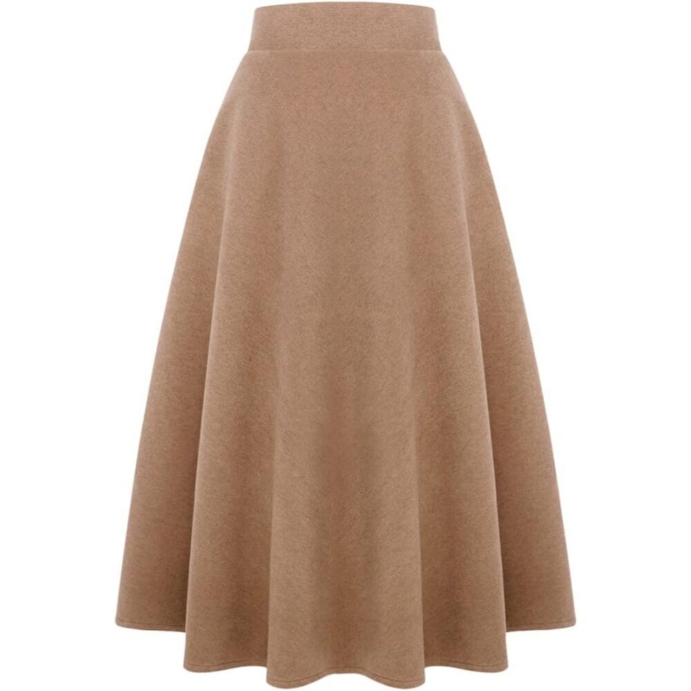 Womens LongPure Camel Elastic Waist A-Line Pleated Tartan Long Plaid Wool Skirts